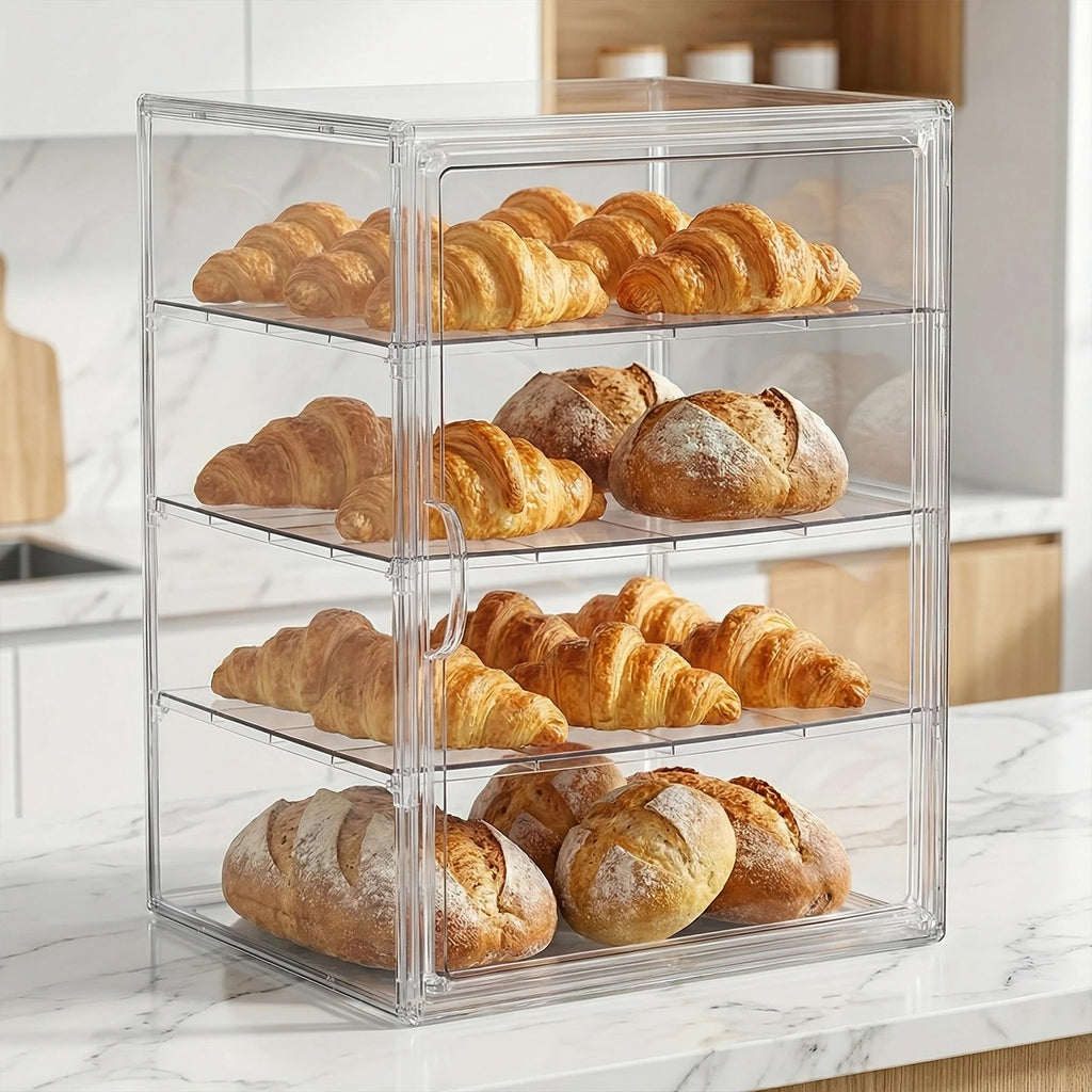 4-Layer Clear Plastic Bread Box Adjustable Bakery Pastry Display Case