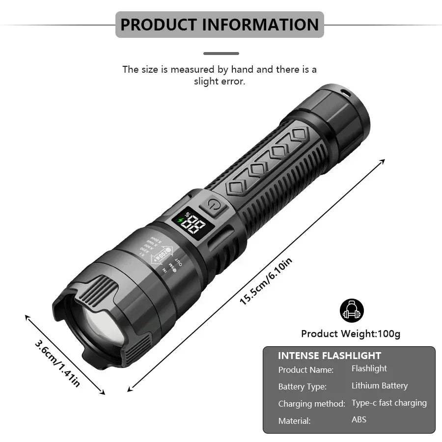 1500LM LED Tactical Flashlight – Type-C Rechargeable Zoom Torch