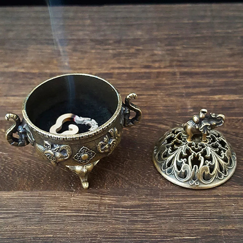 Mini Copper Incense Burner Tripod Stand Lid Elephant Motif Hollow-out