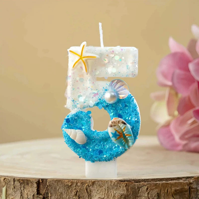 Ocean-themed Blue White Glitter Number Birthday Candles Seashell