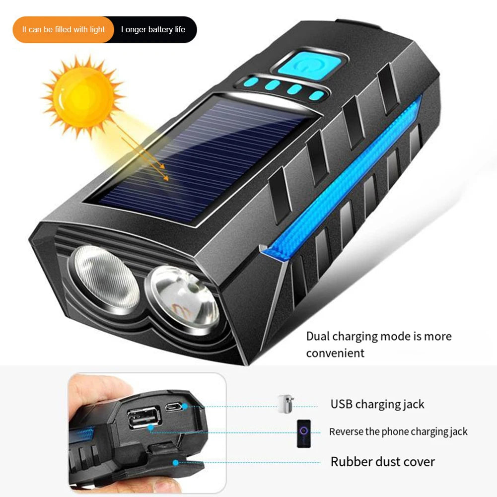 Solar Bike Headlight with 130db Horn MTB Road Bike Front Lamp USB Rechargeable High Beam Bicycle Flashlight Bicycle Accessories Zpaxo
