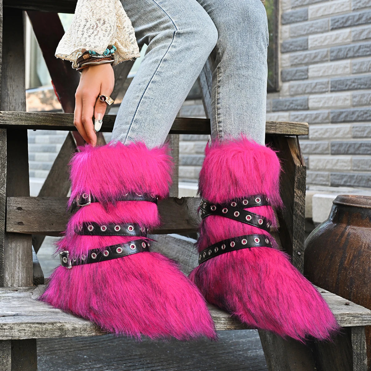 Women Snow Boots Long Fur Lightweight Designer Boots Woman Round Toe Thickened Fluff Warm Shoes Retro Comfortable Shoes Women Zpaxo Pink 39
