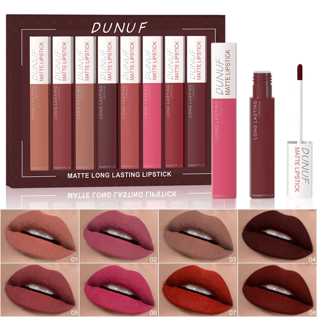8Pcs/Set Matte Velvet Lip Gloss Long Lasting Nude Shades Non Fading Waterproof Sweatproof Lightweight Comfortable Zpaxo 8PCS SET