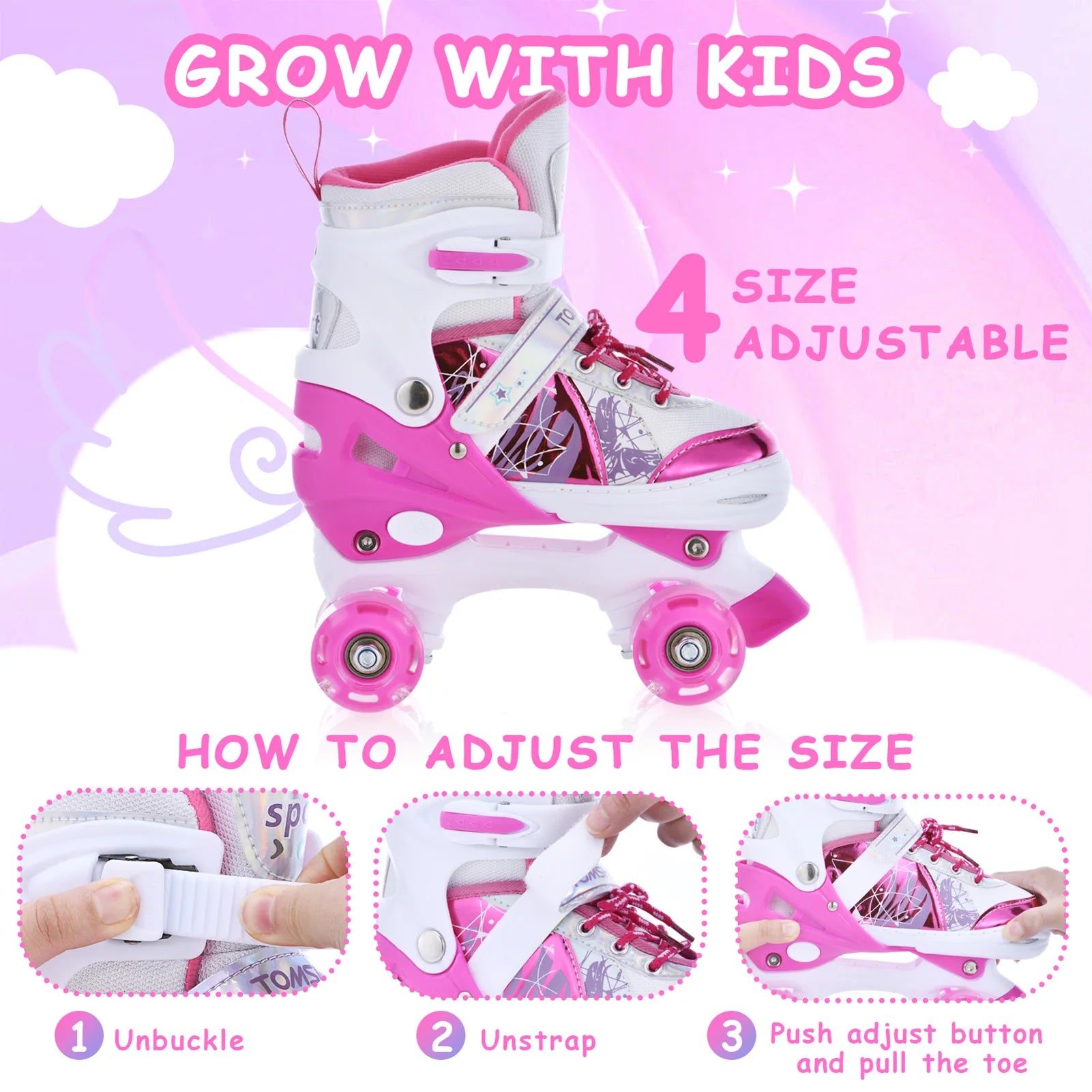 Roller Skates Girls Boys Kids 4 Adjustable Light Up Skate Shoes Ages