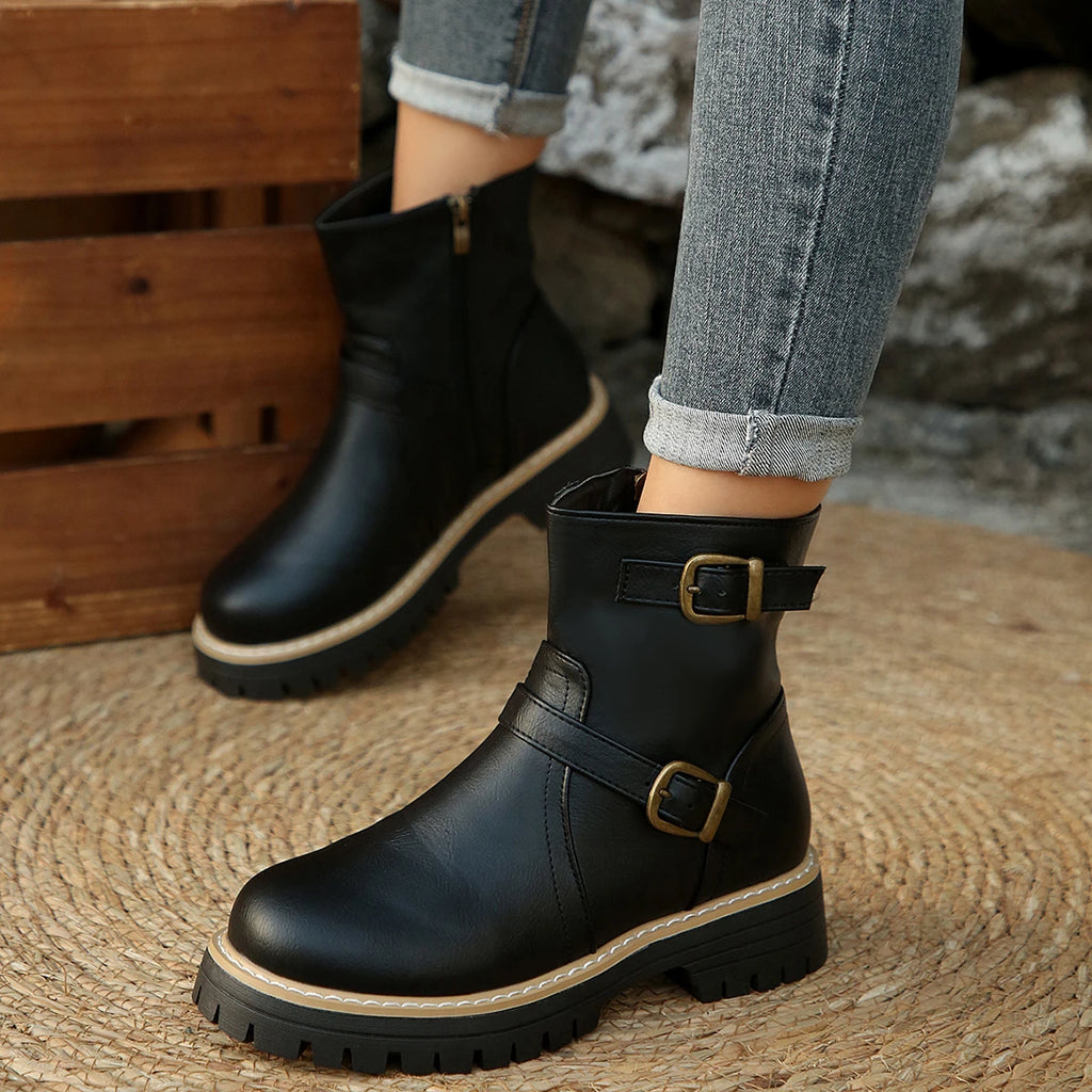 2025 New Women Ankle Boots Thick Bottom British Style Short Boots Women Round Toe Knight Boots Warm Resistant Medium Heel Shoes Zpaxo
