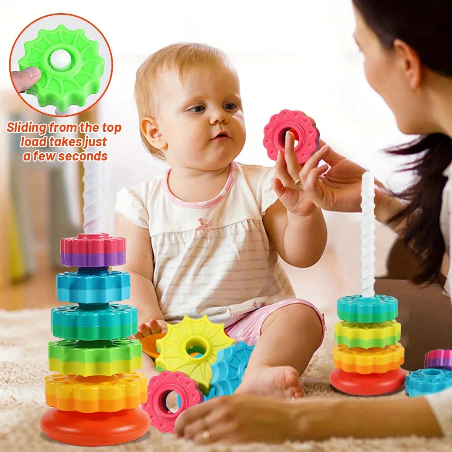 Rotating Rainbow Tower Stack Unstack Puzzle Toy 6 Colorful Levels
