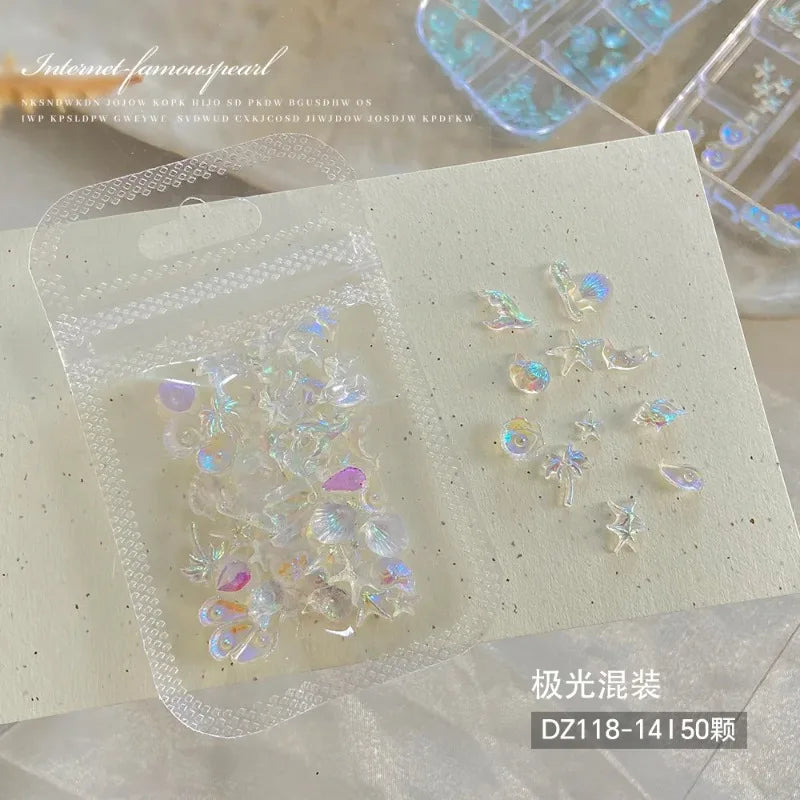 Mixed Summer Aurora Shell Nail Rhinestone Ocean Theme Starfish Coconut Tree Resin Nail Charm Decoration DIY Manicure Accessories Zpaxo E-50pcs mix per pack