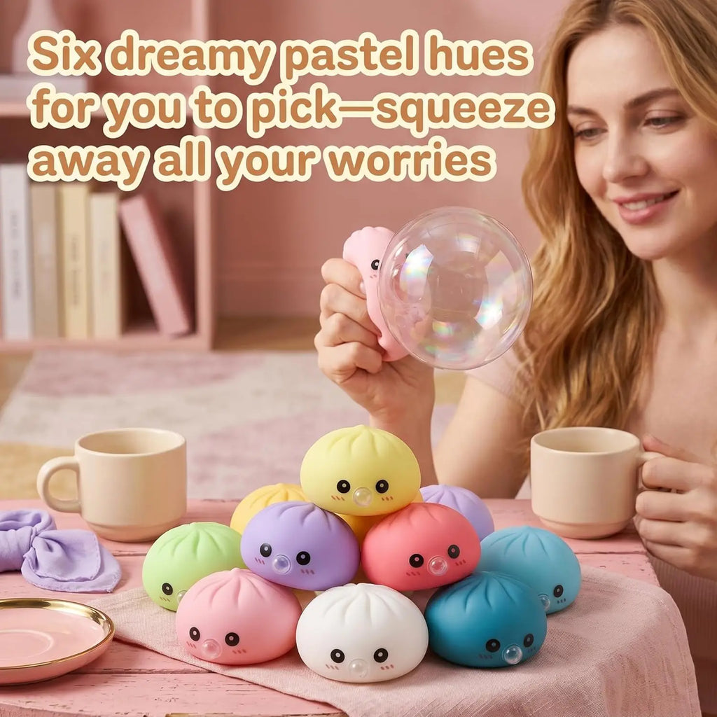 Dumpling Squishies Blow Bubbles Toy Dumpling Squishies Set with Steamer New Bubble-Blowing Squishies, Stretchy Fidget Sensory Zpaxo