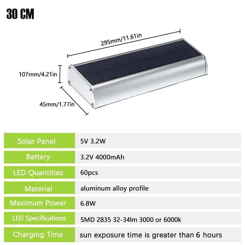 Outdoor Aluminum Solar Billboard Lights Sensor 4 Modes LED Lamp Lighting until Morning Street Lighting Energy Efficient Zpaxo Silver-30CM White-6000K--Sensor China Mainland