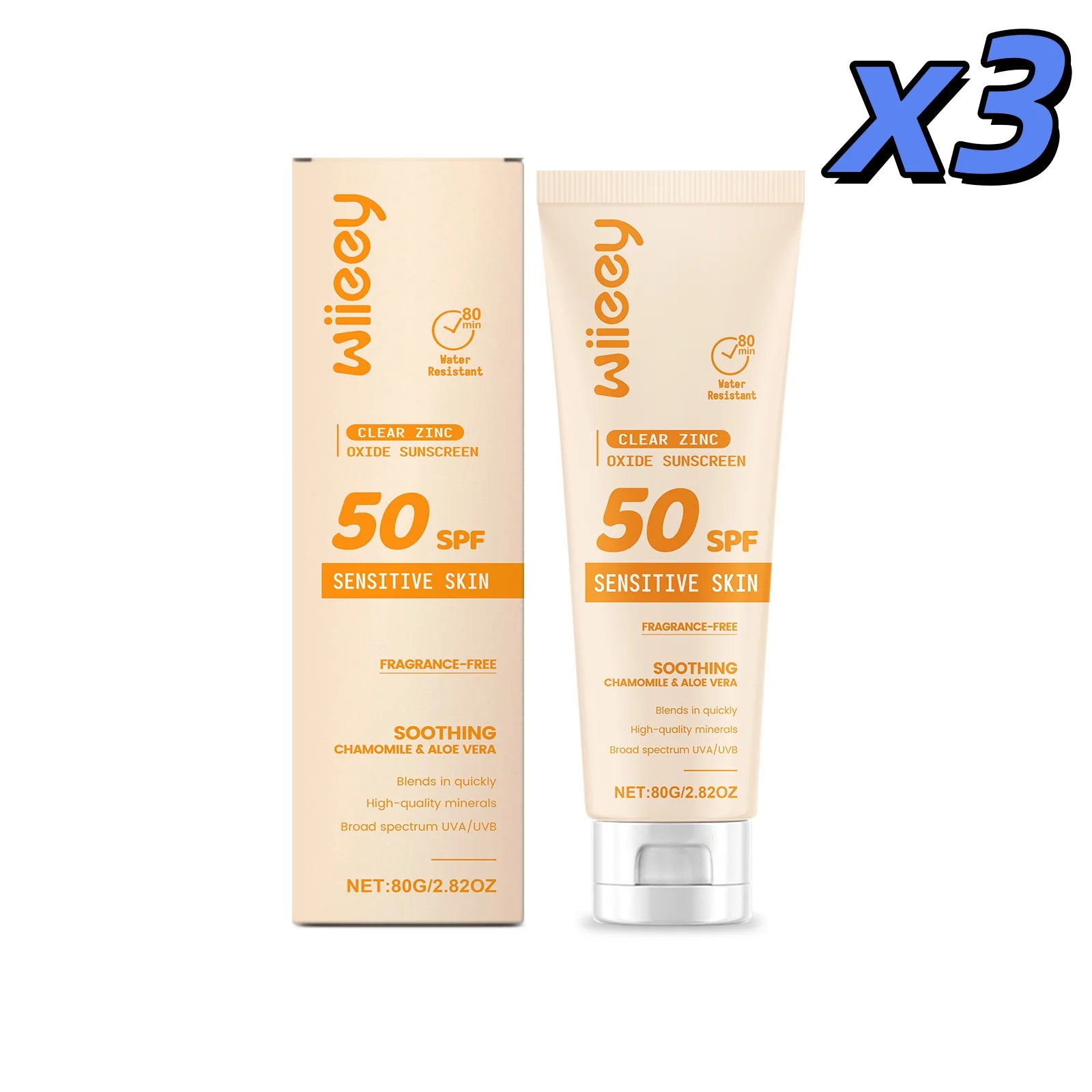 Wiieey SPF 50+ Kids Mild Sunscreen Cream – UVA/UVB Protection Kids Sunscreen Cream Zpaxo 80g X 3pcs