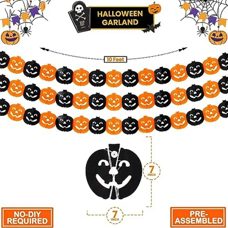 3M Halloween Pumpkin Banner Black Orange Bat Spider Garland Fireplace