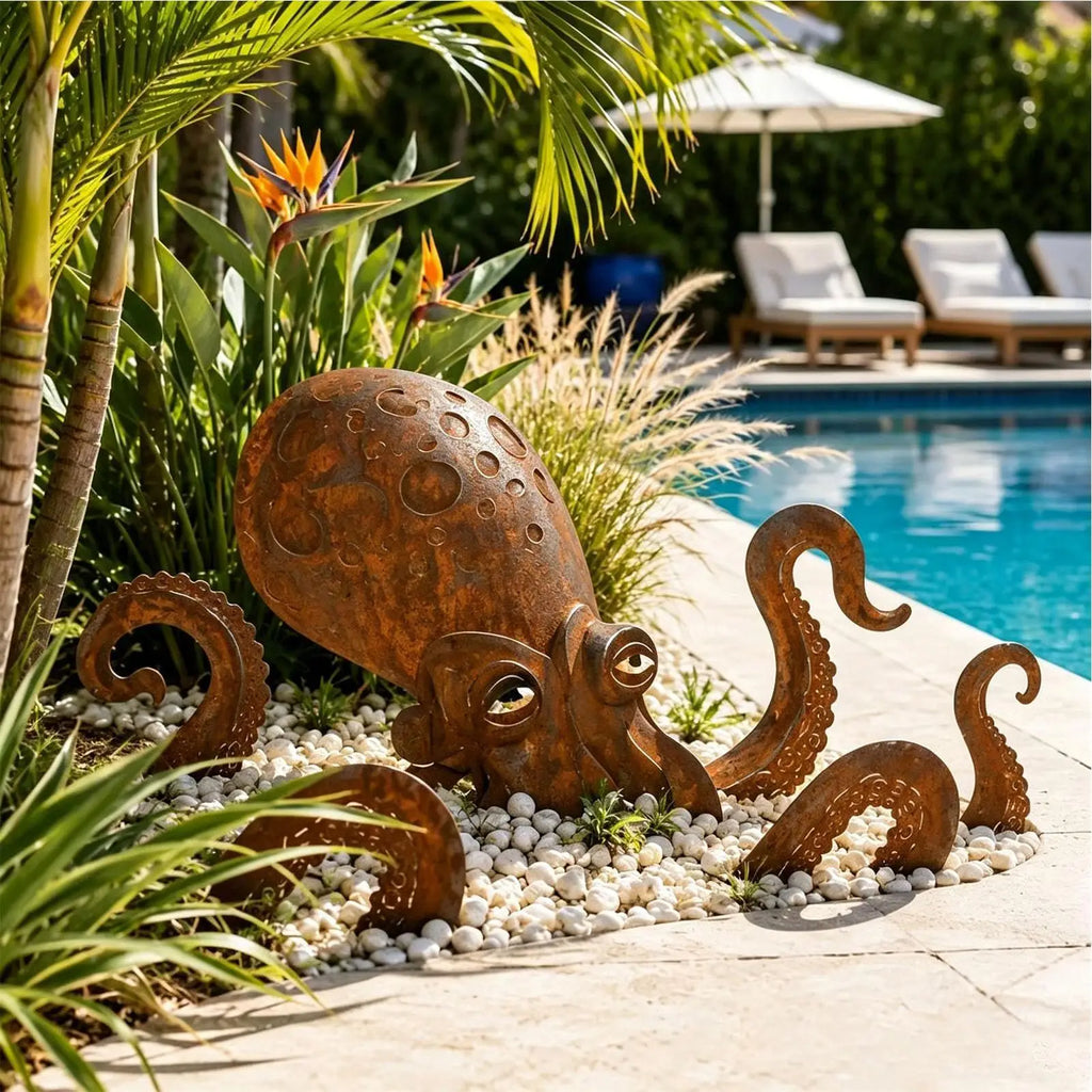 Octopus Statue Vintage Iron Squid Sculpture Figurine Coastal Art Rust Giant Octopus for Outdoor Lawn Pathway Park Backyard Patio Zpaxo