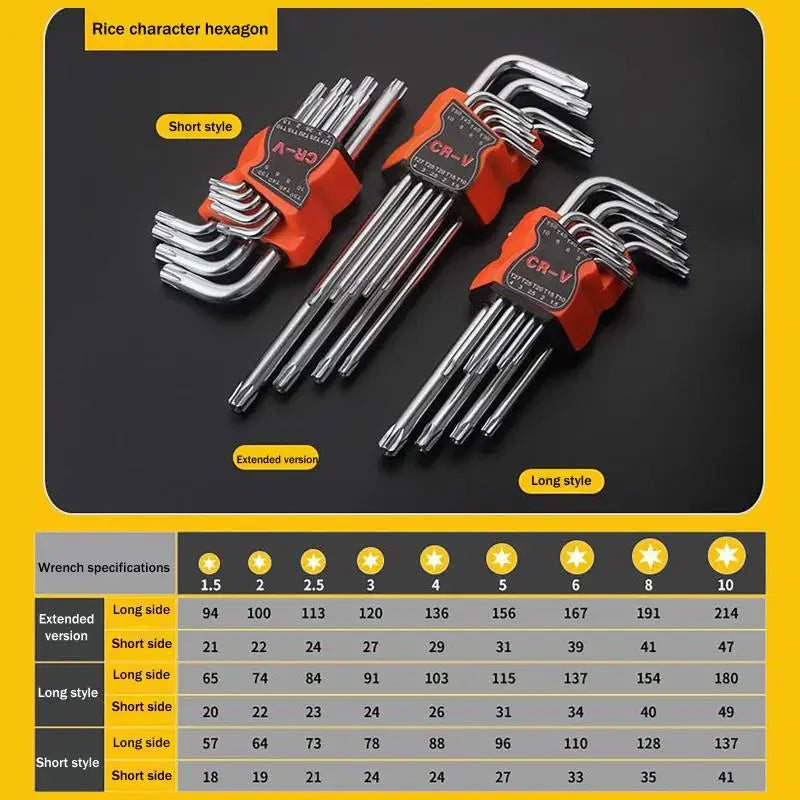 9Pcs/lot Torx Star Wrench Set Allen Keys Hexagon Spanner Dual End L Type Star Screwdriver Hand Repair Tools For DIY Home Repair Zpaxo