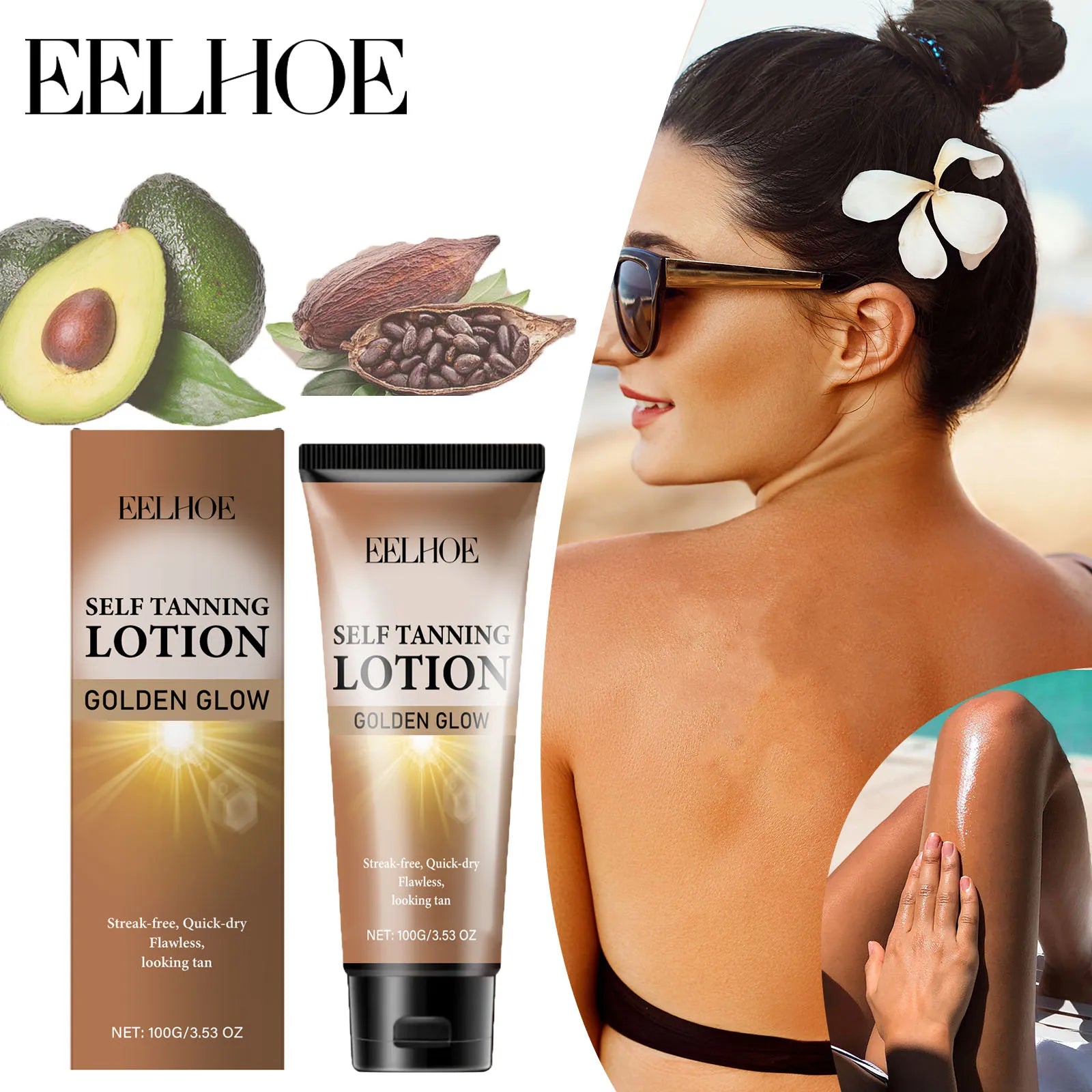 EELHOE Sunless Tanning Lotion Long-lasting Promote Tanning Natural Glow Faster Cocoa Butter Shea Butter Can Face and Body 100g Zpaxo