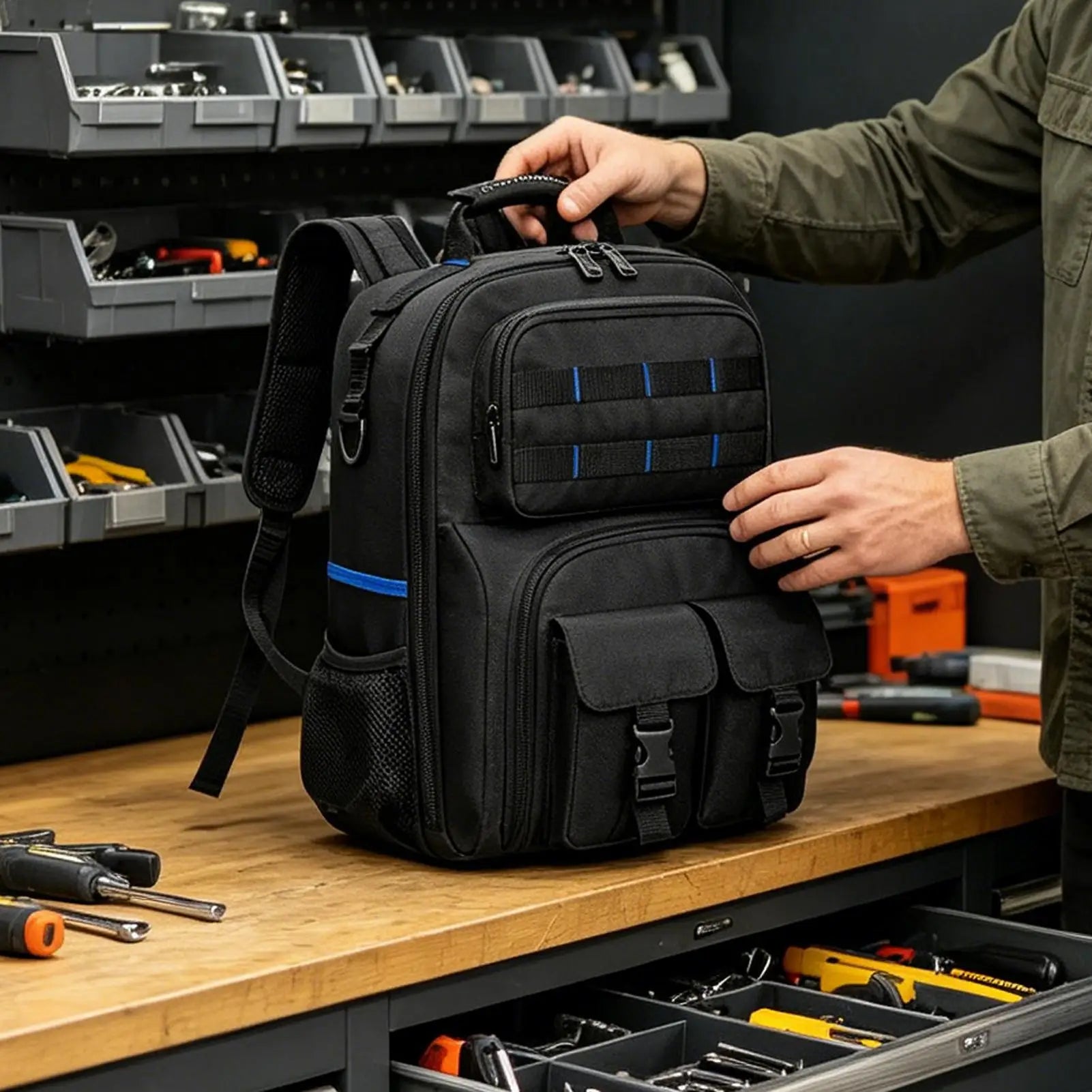 Storage Bag Tool Backpack Heavy Duty Hard Bottom Multiple Pockets