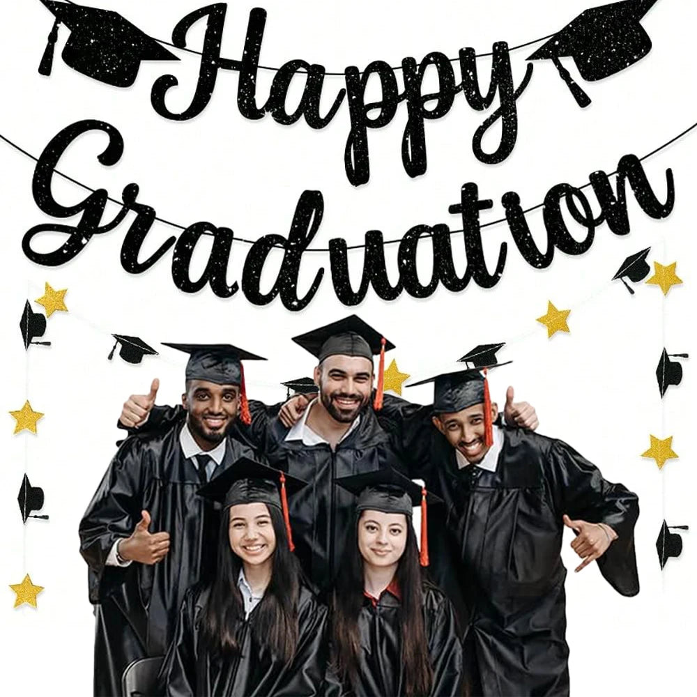 Black Gold Glitter Happy Graduation Banner Set Grad Caps Graduation Decoration for Class Grad Party Decor Zpaxo