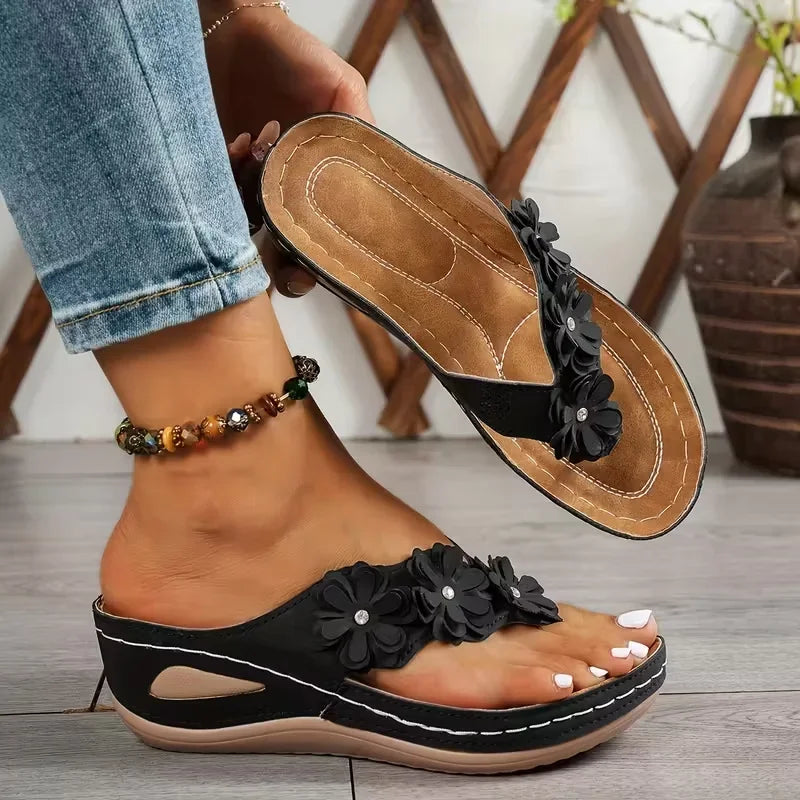 Women Platform Slippers Flowers Wedges Shoes Summer Lightweight Flip Zpaxo black 42