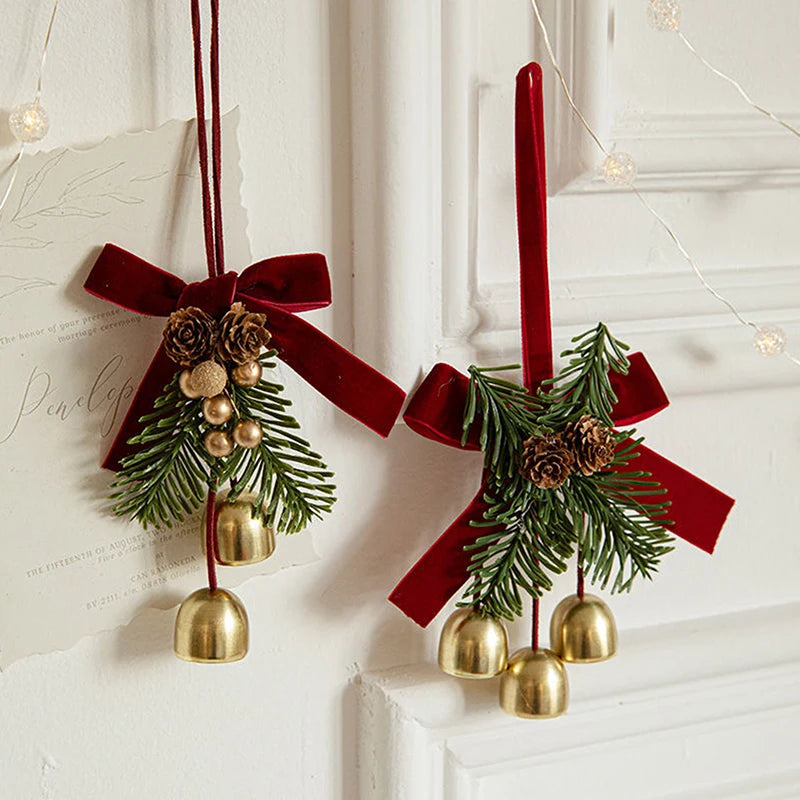 Christmas Jingle Bell Door Hanger – Velvet Bow & Pine Cone Decor Christmas Door Ornament Zpaxo