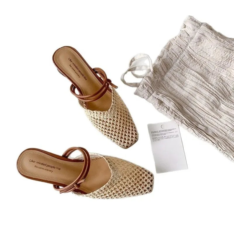 Slippers Women's Summer 2025 Retro Beach Sandals Women's Summer Vacation Casual Weaving Hollow Headcut Half Slippers Outerwear Zpaxo