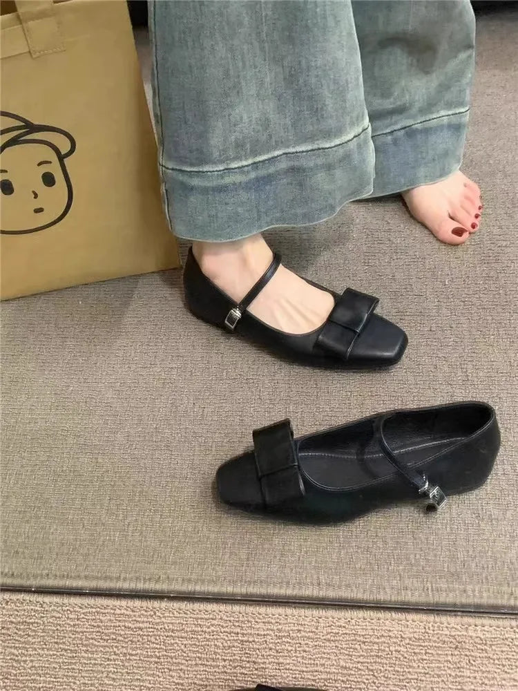 Flat Shoes for Women Spring Autumn 2025 New Velvet Mary Jane Shoes Bow Tie Square Toe Ballet Plus Size 43 44 Women's Shoes Zpaxo Black 42