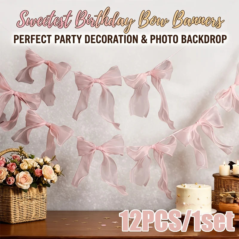 Pink Bow Garland Hanging Bunting Banner Girls Princess Birthday Party