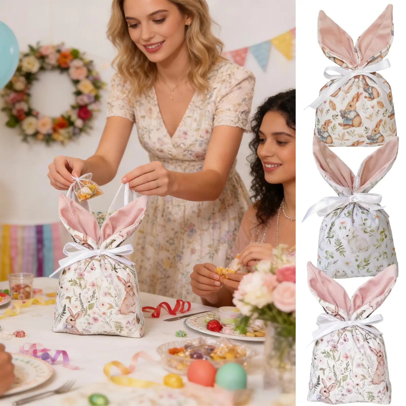 Easter Candy Bags Drawstring Bunny Ear Design Goody Favor Supports