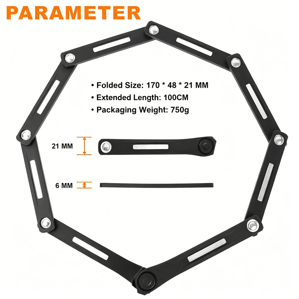 TOPTREK NewPortable Foldable Bike Lock 100CM Reflective Hexagon Hardened Steel Anti-theft Lock for Bicycle E-Bike Motorcycle MTB Zpaxo