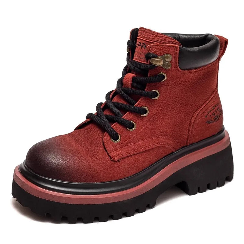 Red Distressed Leather Platform Boots Women Lace Up Design Round Toe Zpaxo