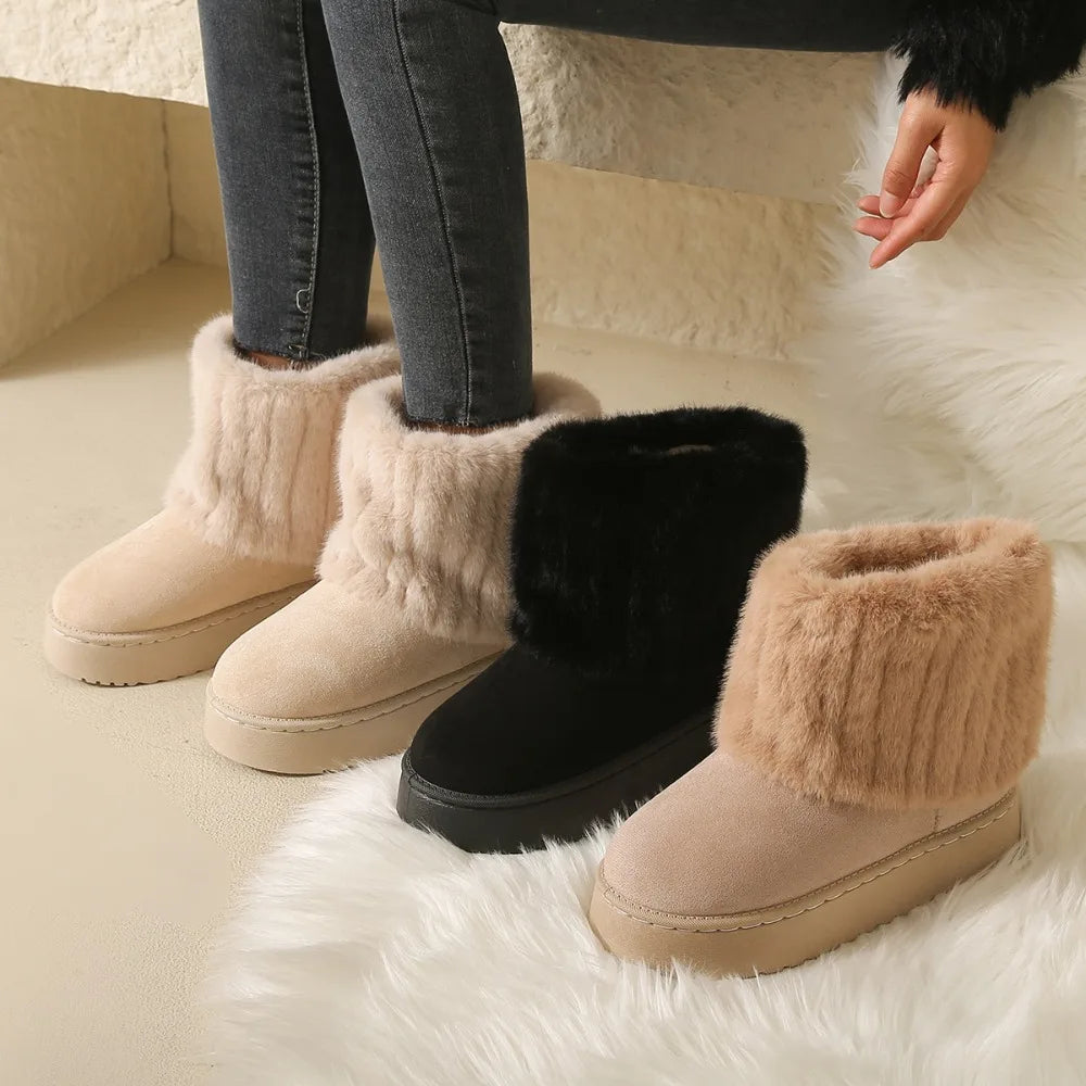 Shoes Women Winter Women's Boots Black Round Toe Solid Flock Plush
