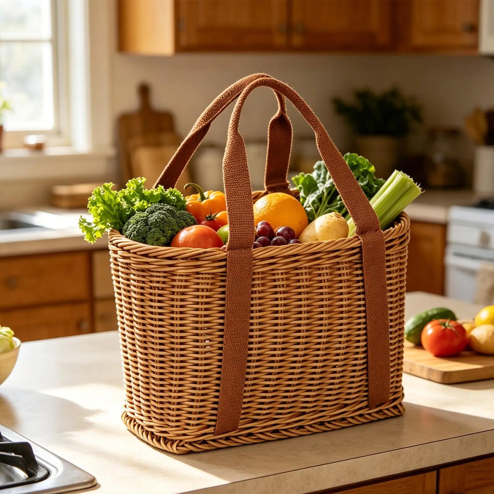 Picnic Basket Handwoven Simulated Wicker Reusable Decor Handles