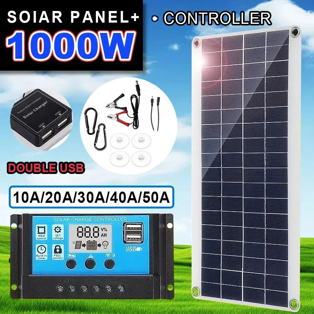 1000W Solar Panel 12V Cell 10A-100A Controller Plate Phone RV Car