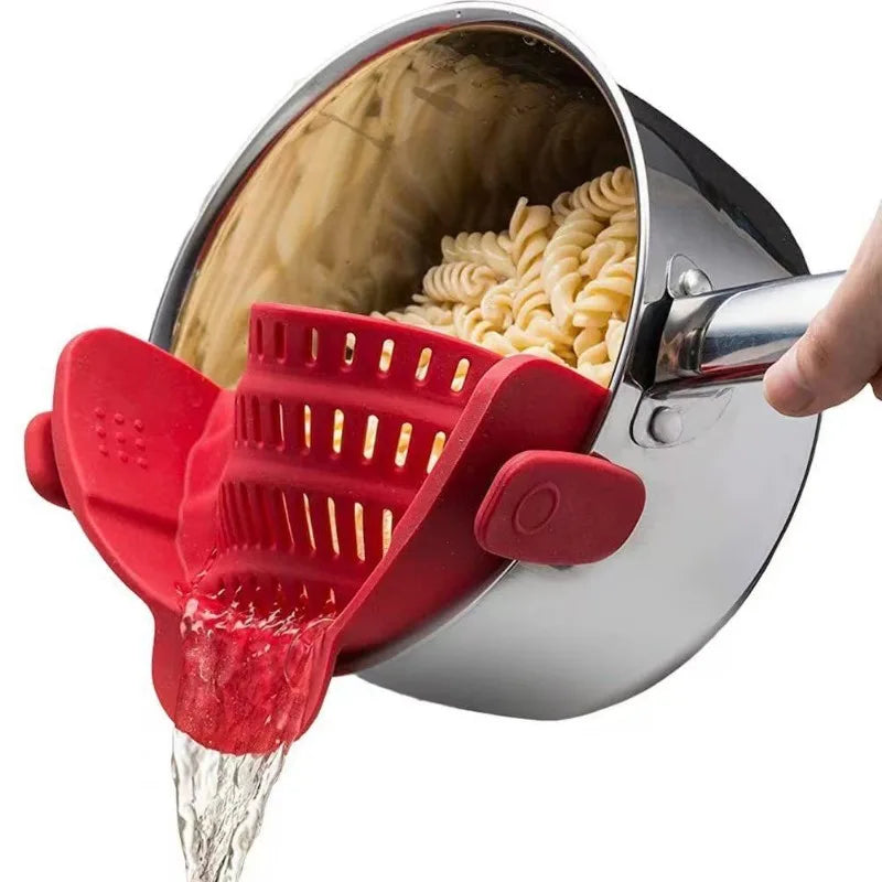 Universal Silicone Clip Pan Pot Strainer Anti Spill Pasta Food Grade Zpaxo Red