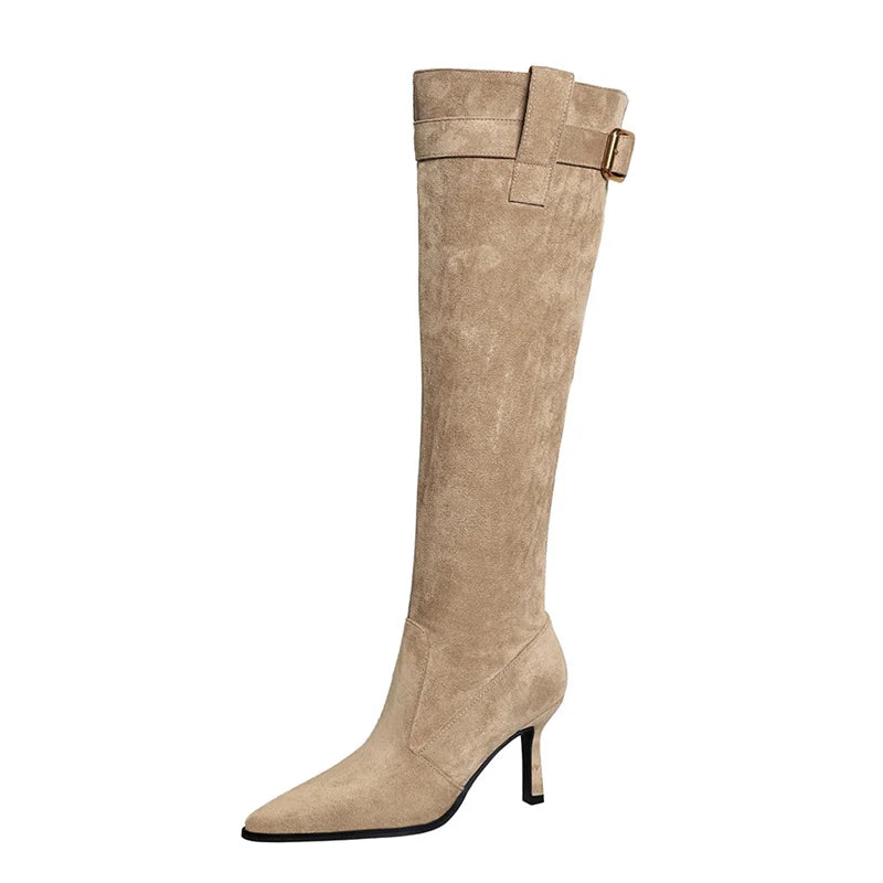 Winter Pointed Toe Thin Heel Slim Boots Women Stacked Belt Buckle Zpaxo