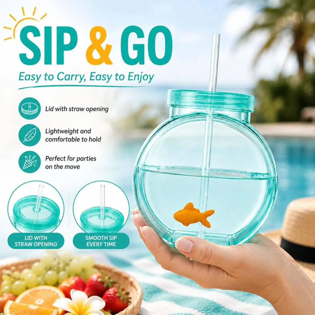 Fish Bowl Cups Clear Unbreakable Portable with Straw and Lid Summer Drink Cups for Cocktail Juice Soda Lemonade Family Zpaxo