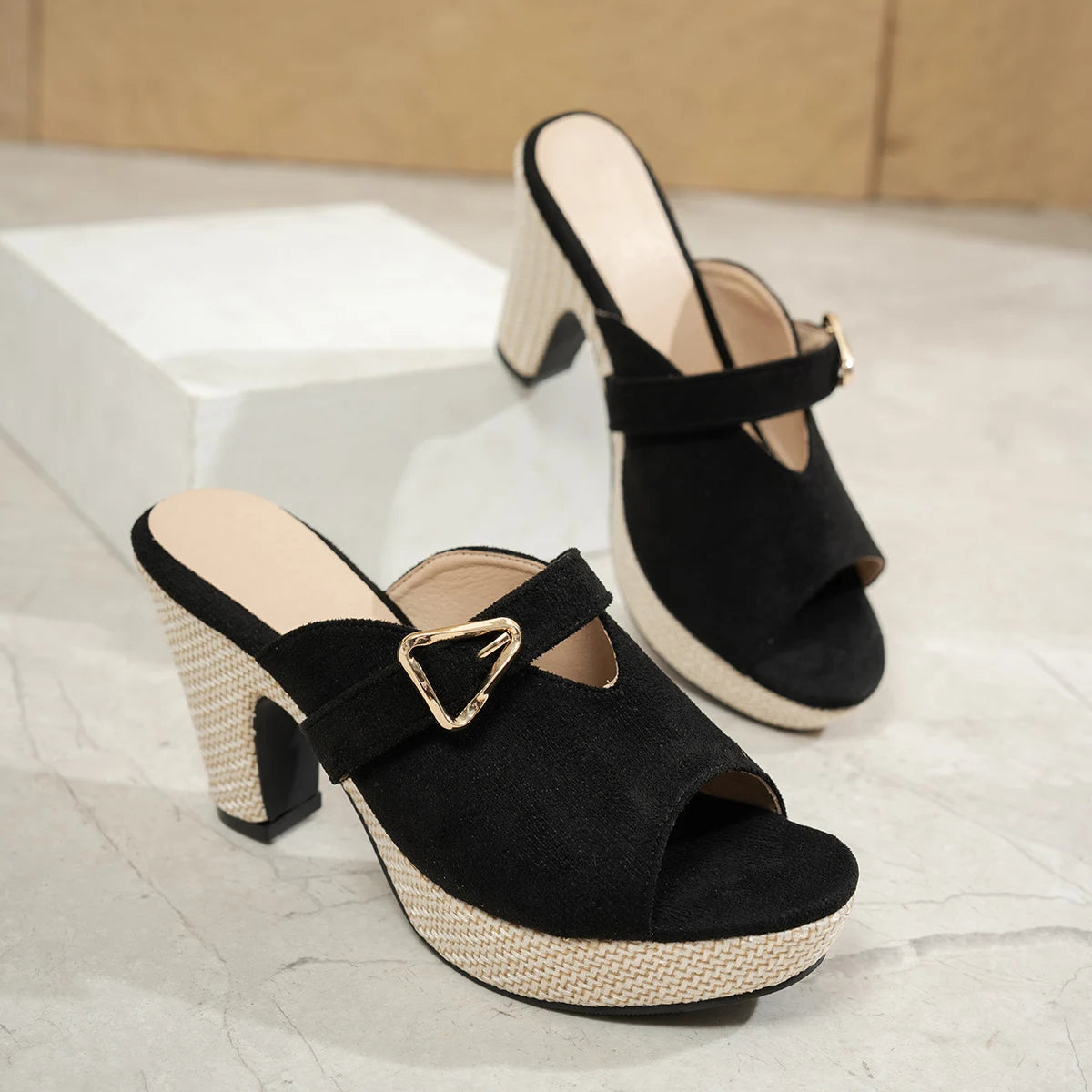 Summer Wedge Women Thick Heeled Sandals V-shaped Split Slim Fit Zpaxo black 42