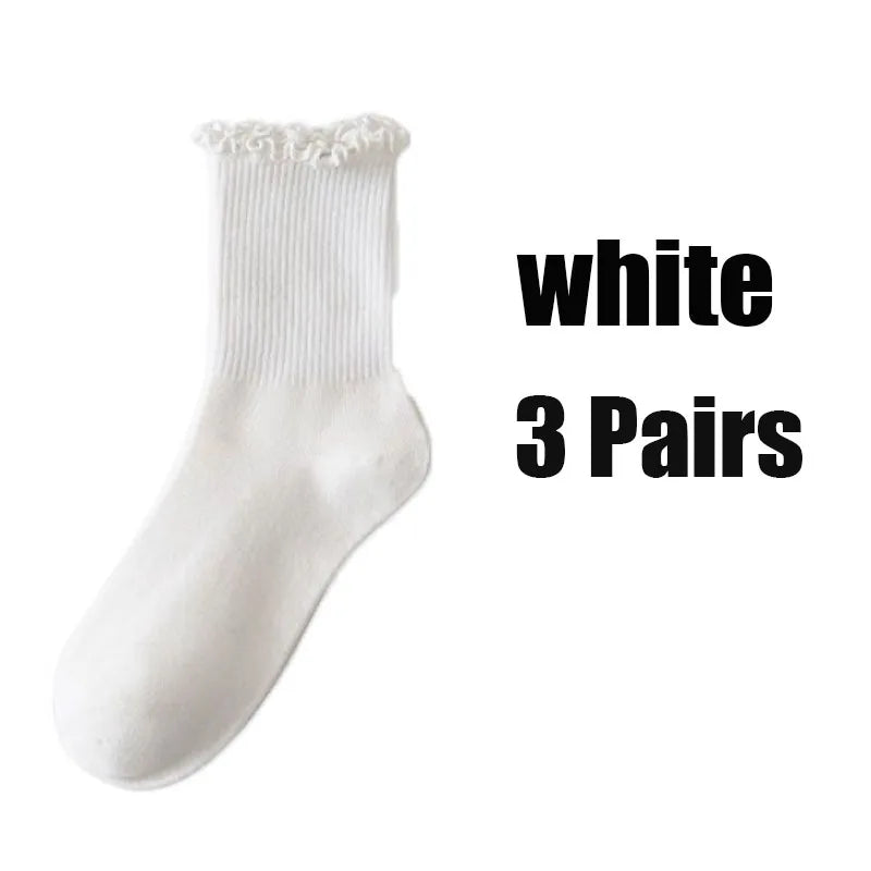 1 3pairs Ruffle Socks Women Mid Crew Middles Tube Ankle Breathable