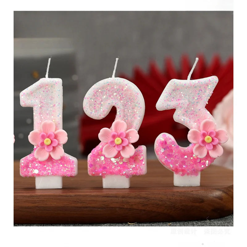 Creative Birthday Candles Pink Gradient Glitter Flower Number Cake