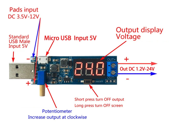 USB Boost Buck Converter Micro USB Step UP / Down Power Supply Module DC-DC 5V to 3.3V / 12V Rotate Adjustable Out DC 1.2V-24V Zpaxo