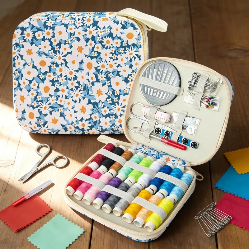 Portable Sewing Kit Complete Set with Threads Needles Scissors Tape Measure Buttons Embroidery Thread Handwork Sewing Tools Kit Zpaxo Blue print 86 pcs