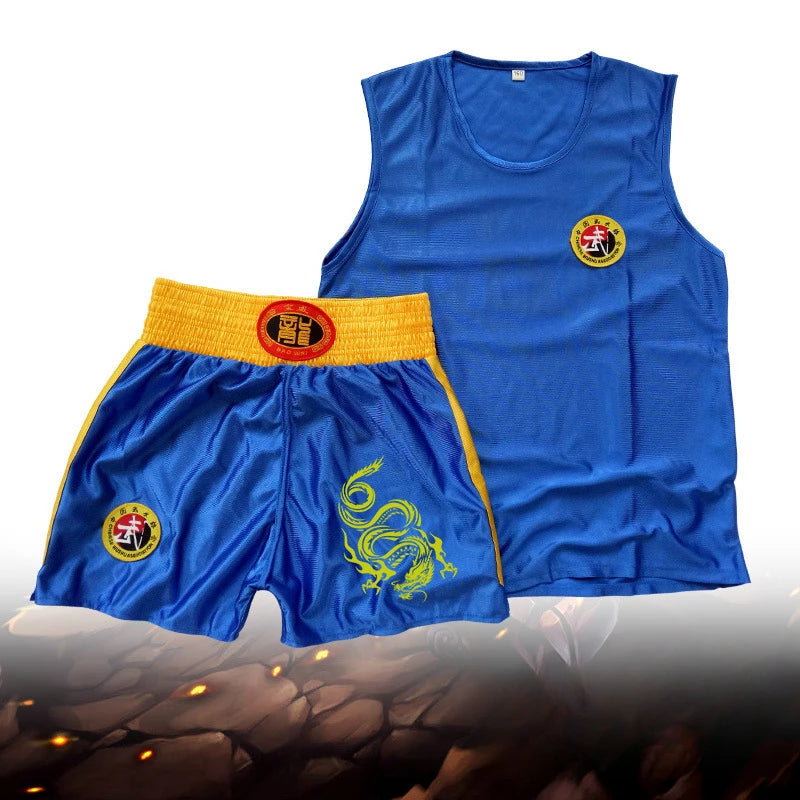 Summer Short Sleeved Fighting Sanda Suit Shorts Boxing Muay Thai Adult and Children's Martial Arts Performance Training Clothes Zpaxo blue 2pcs 180cm