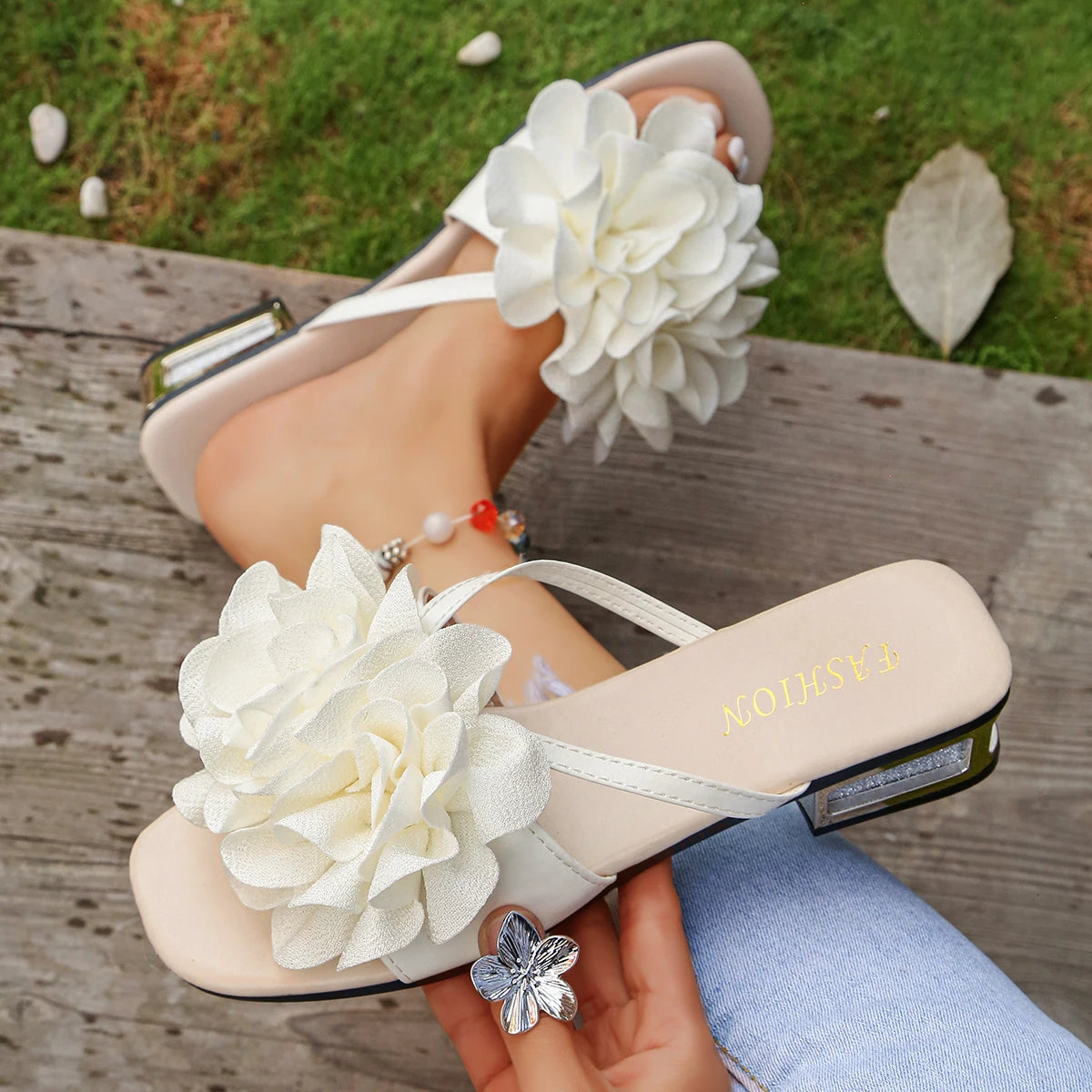 Women Sandals Summer Large Size Fashion Slippers Floral High Heel Open Toe Sandals Women Casual Retro Female High Heel Shoes Zpaxo WHITE 42