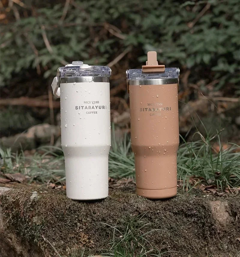Stainless Steel Tumbler Straw Insulated Thermos Coffee Cup Handle