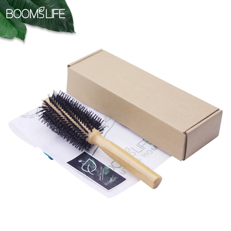 Boar Bristles Round Hair Brush Women Anti Static Wood Comb Hair Curling Styling Barrel Rolling Detangling Hair Comb For Curly Zpaxo