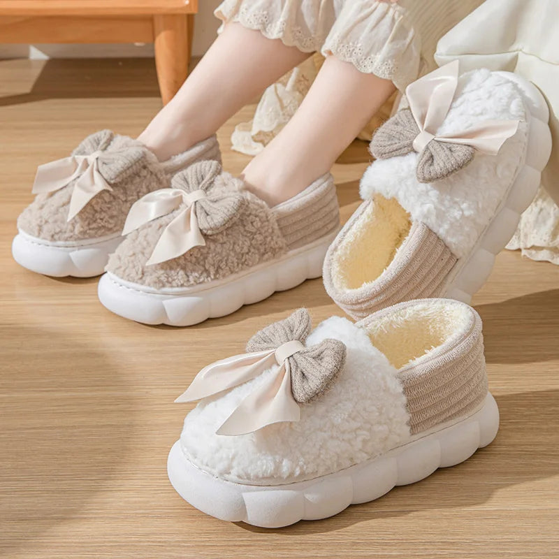 Fur Slippers Women Winter Bow Furry Fashion Warm Ankles Plush Cozy