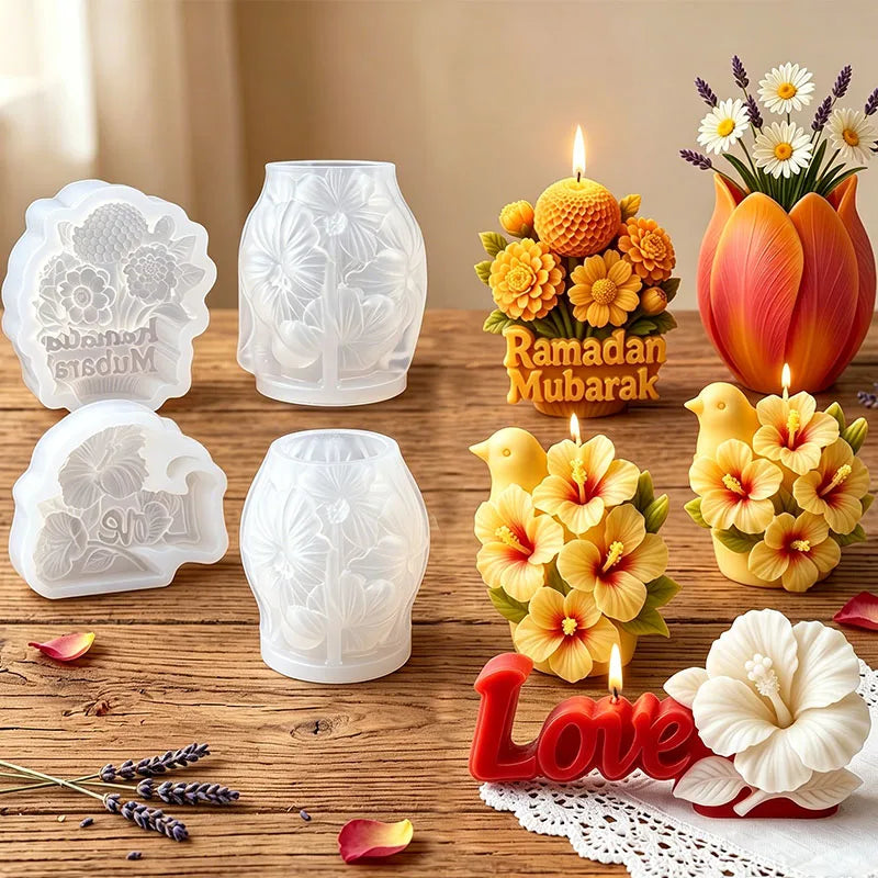 3D Flower Candle Silicone Mold for Wedding Valentine's Day Hibiscus Daisy Dahlia Tulip Vase Scented Aroma Soap Wax Ornament Mold Zpaxo