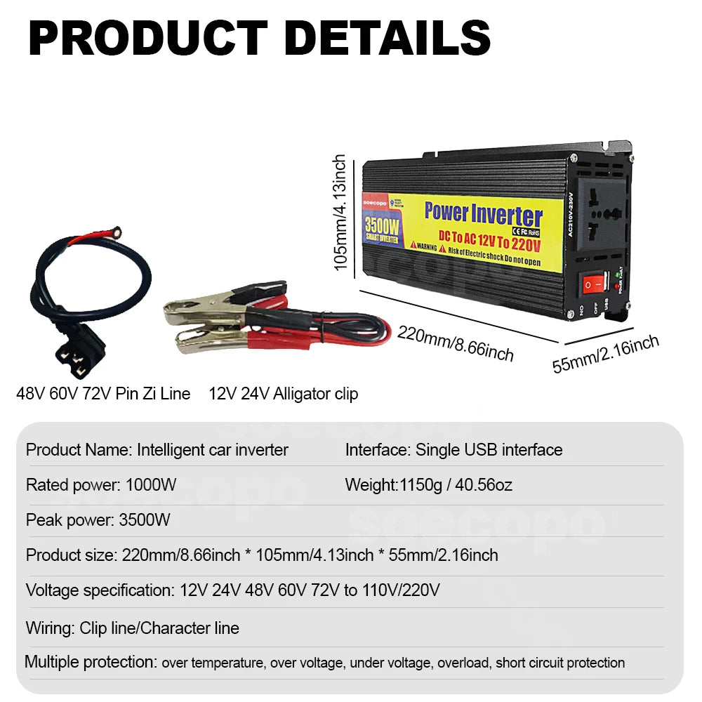 1000W-3500W Intelligent Inverter 12V 24V 48V 110V 220V DC AC Single