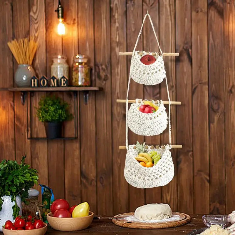 3 Tier Fruit Hanging Basket Bohemian Decor Home Kitchen Woven