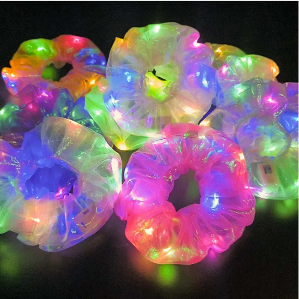 LED Light Up Hair Scrunchies Candy Bright Organza Scrunchy Elastic