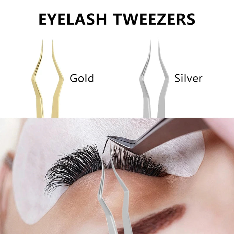 New Silver Gold Lash Extension Tweezers Anti Slip Stainless Steel Curved Tip Tweezers High Precision Nail Art Makeup Beauty Tool Zpaxo