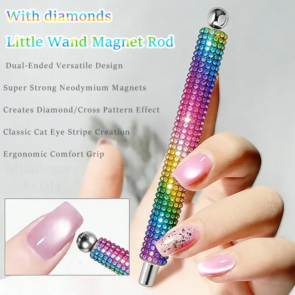 2-IN-1 Magnetic Nail Polish Stick With Rhinestone Stronge Magnetic Ball Cat Eye Gel Nail Polish Tool for Nail Salon or Home Use Zpaxo